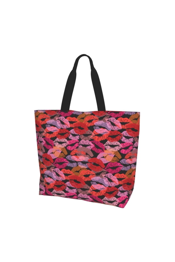 Red Lips Kissing Print Tote Bag,Zipper Tote Bag for Women,Tote Bag Inner Pocket Pattern Lightweight Daily Bag Book Bag