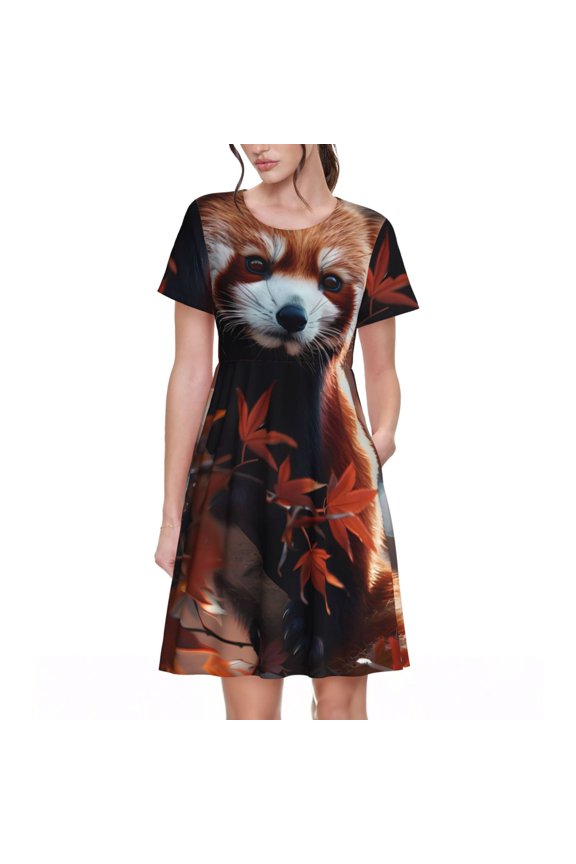 Red Panda Autumn Branches Print Women's Short Sleeve A-Line Dress with Pockets, Casual Crew Neck Knee-Length Dress for Daily Wear