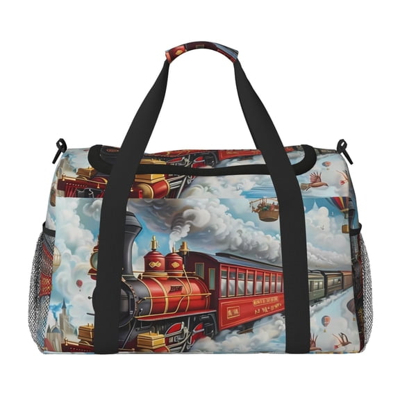 Kuqiui Red Train Hot Air Balloon Print Foldable Travel Duffel Bag Tote Carry on Luggage Bag Personal item Sports Gym Bag Water Resistant Weekender Overnight Bags for Women and Men