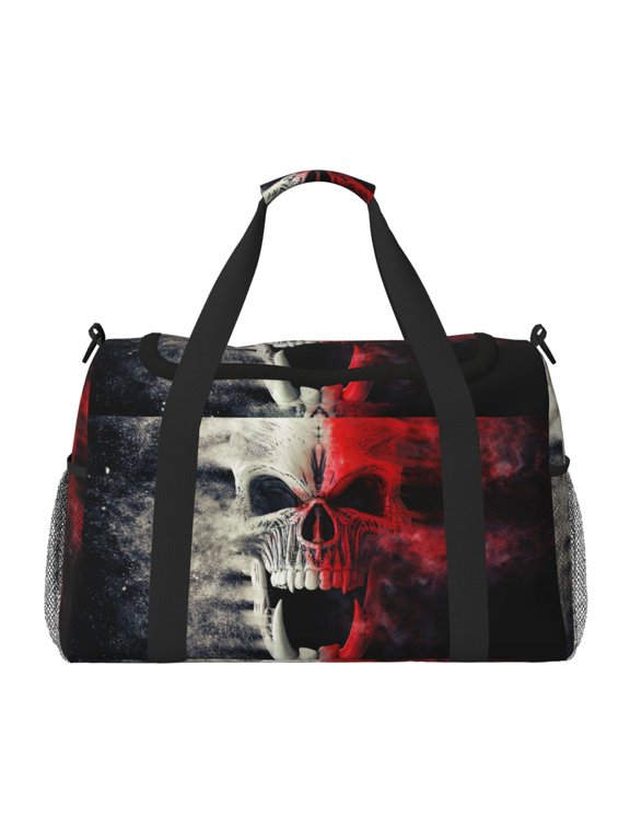 Red And White Screaming Demon Skull Print Foldable Travel Duffel Bag Tote Carry on Luggage Bag Personal item Sports Gym Bag Water Resistant Weekender Overnight Bags for Women and Men