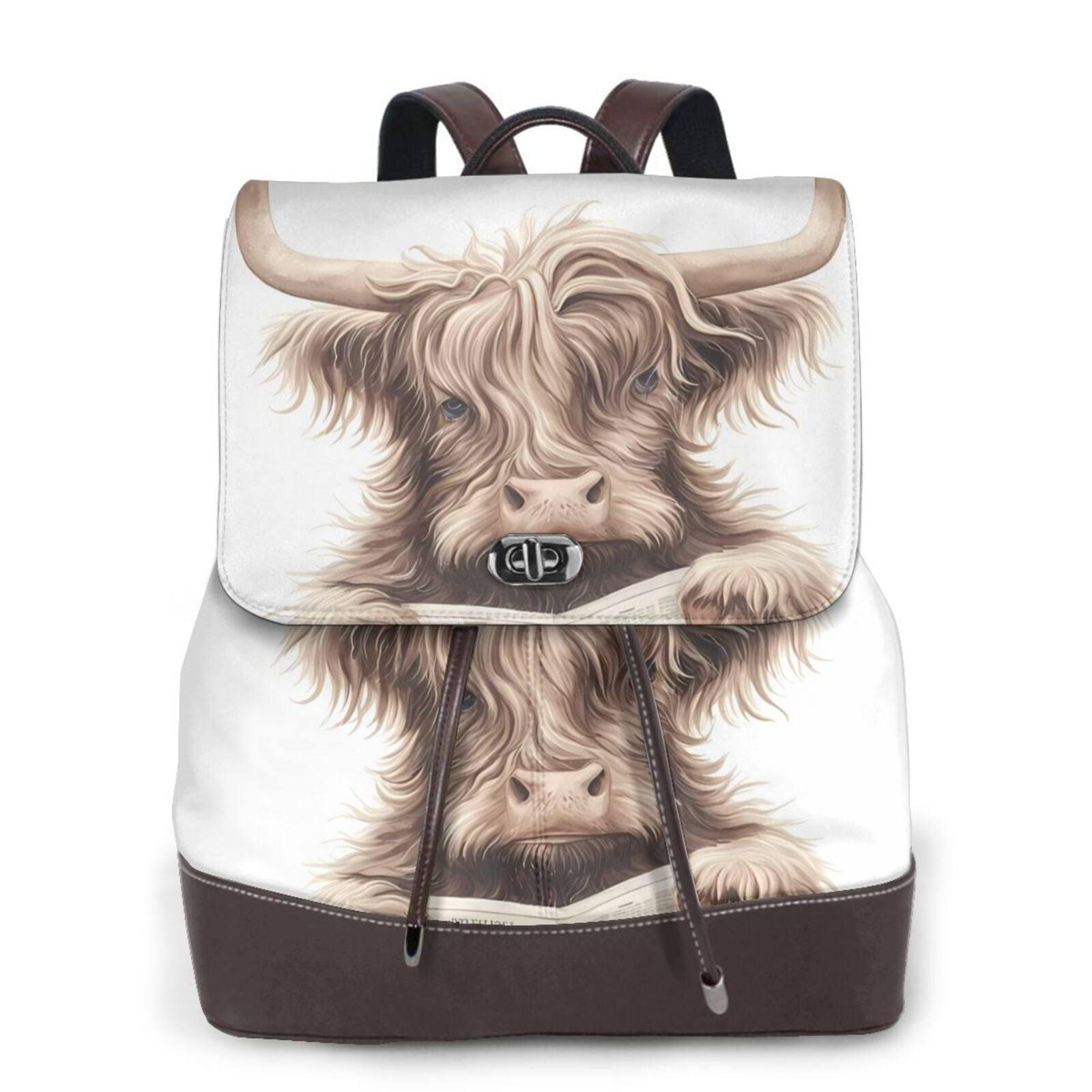 Kuqiui Relaxed Cute Cow Reading Print Leather Backpack Purse For Women Fashion Ladies Vintage Bags Casual College Travel Backpacks bag