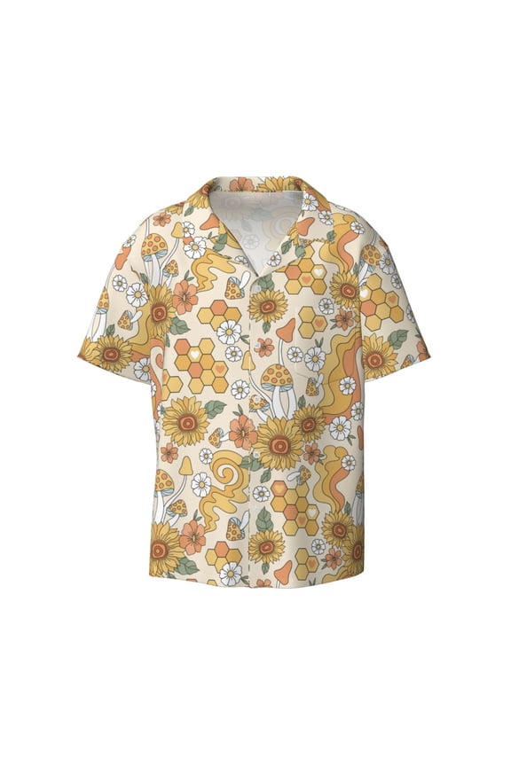 Retro 70s 60s Flower Print Men's Button Down Shirts Short Sleeve Casual Shirts Hawaiian Shirts Vacation Wedding Shirts with Pocket-X-Large