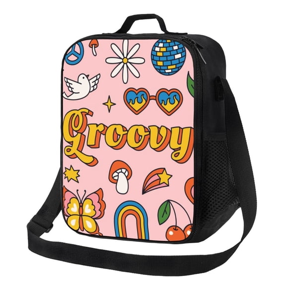 Kuqiui Retro 70s Hippie Print Lunch Box for Women Men,Insulated Lunch Bag Women with Adjustable Shoulder Strap,Lunch Tote Bag for Work,Picnic,Camping