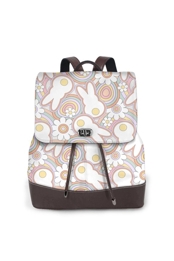 Retro Hippie Groovy Easter bunny Print Leather Backpack Purse For Women Fashion Ladies Vintage Bags Casual College Travel Backpacks bag