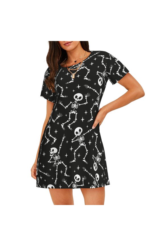 Retro Skeleton Dancing On Halloween Party Pattern Women's Short-sleeved Nightgown,Casual Sleep A-line Sleepwear Comfy Sleepshirt,Cute Breathable Nightdress Ruffle - X-Large