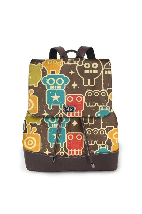 Robot and Monsters Print Leather Backpack Purse For Women Fashion Ladies Vintage Bags Casual College Travel Backpacks bag