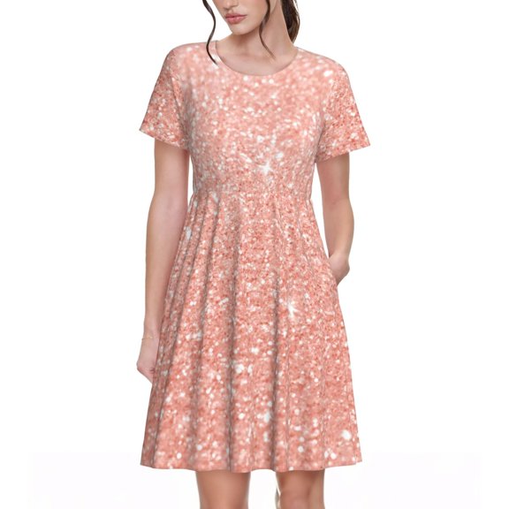 Kuqiui Rose Gold Glitter Print Women's Short Sleeve A-Line Dress with Pockets, Casual Crew Neck Knee-Length Dress for Daily Wear