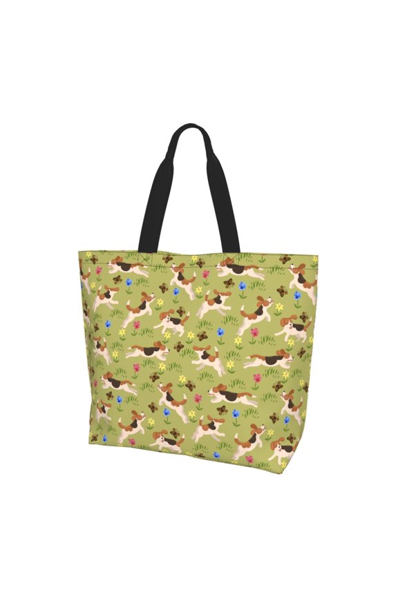 Running Beagle Print Tote Bag,Zipper Tote Bag for Women,Tote Bag Inner Pocket Pattern Lightweight Daily Bag Book Bag