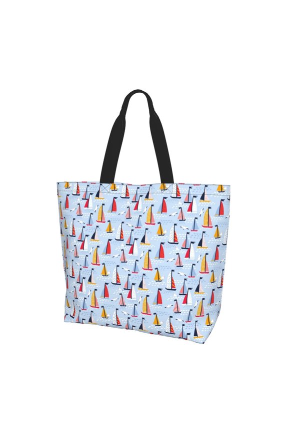 Sailboats And Seagulls Print Tote Bag,Zipper Tote Bag for Women,Tote Bag Inner Pocket Pattern Lightweight Daily Bag Book Bag