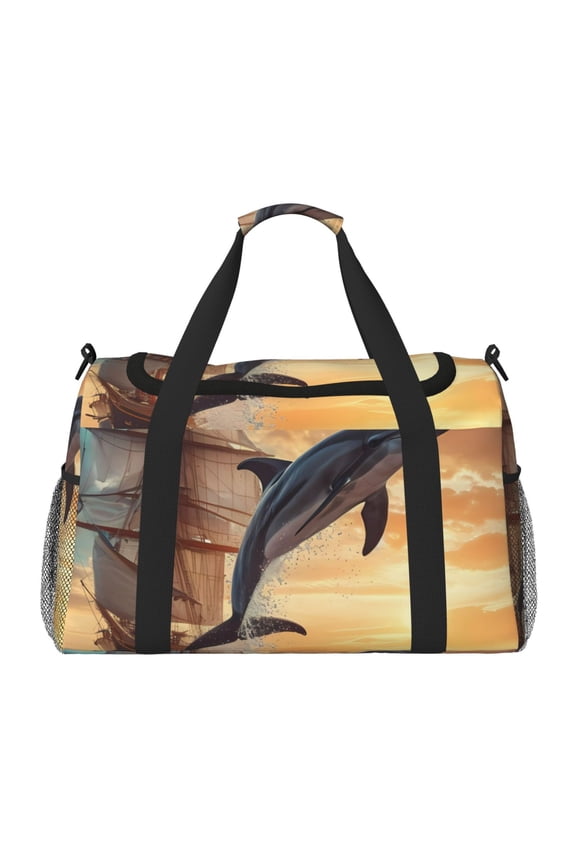 Sailing Dancing Dolphin Print Foldable Travel Duffel Bag Tote Carry on Luggage Bag Personal item Sports Gym Bag Water Resistant Weekender Overnight Bags for Women and Men
