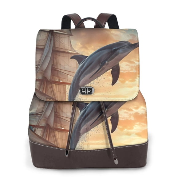 Kuqiui Sailing Dancing Dolphin Print Leather Backpack Purse For Women Fashion Ladies Vintage Bags Casual College Travel Backpacks bag