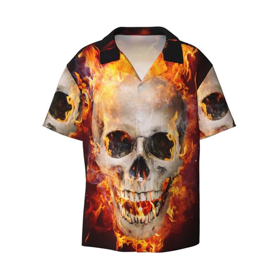 Kuqiui Satanic Skull Print Men's Button Down Shirts Short Sleeve Casual Shirts Hawaiian Shirts Vacation Wedding Shirts with Pocket-Large