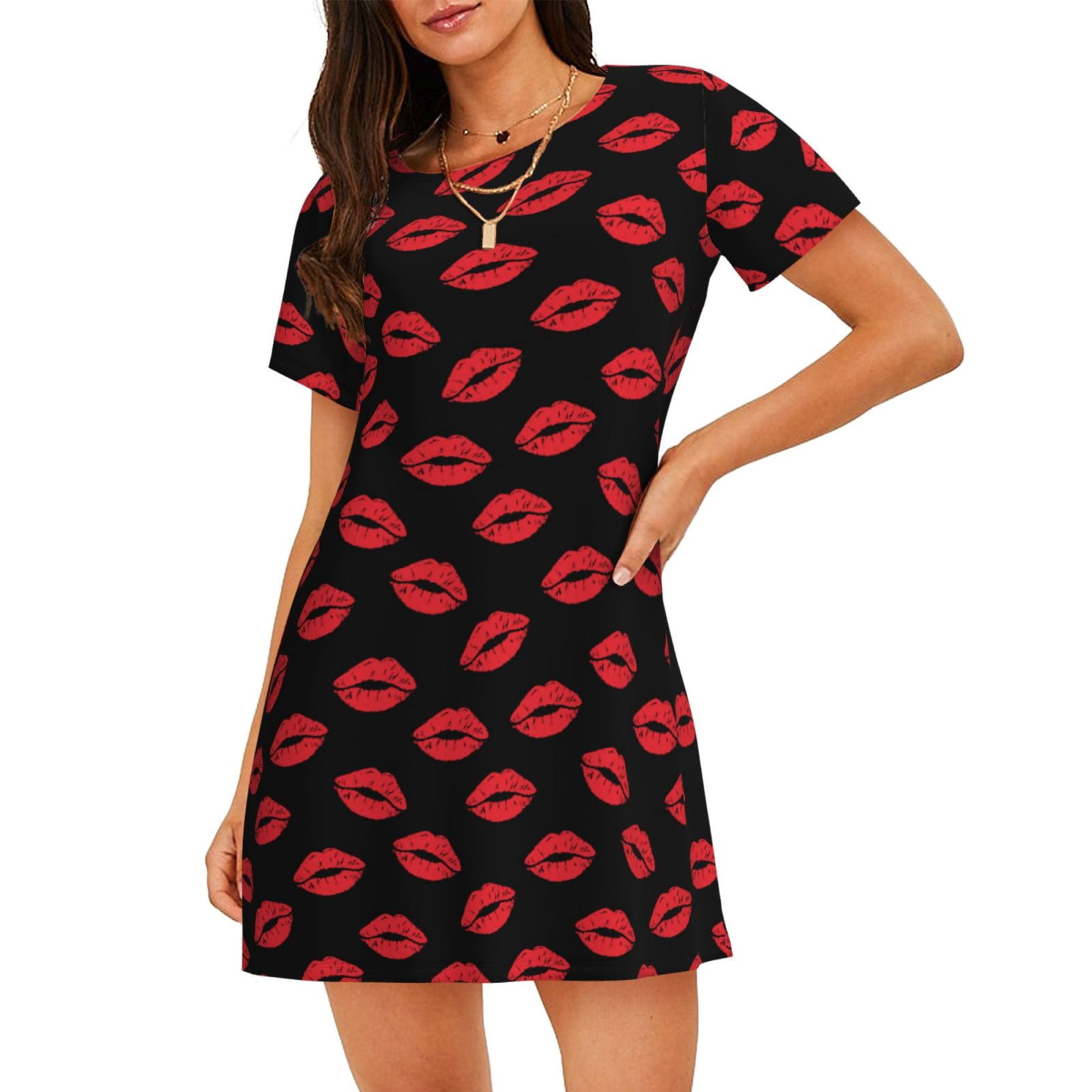 lady sexy lip dress women Valentine Red Lips Satin Slip Dress Nightgown