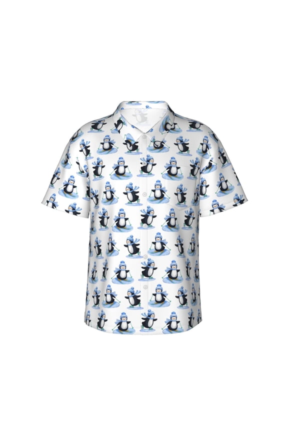 Skiing Penguin Funny Pattern Men's Casual Button-Down Shirts Hawaiian Shirt Short Sleeve-3X-Large