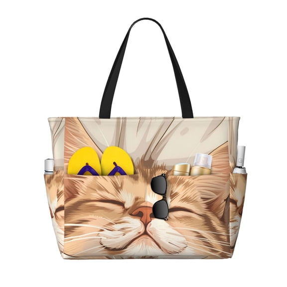 Kuqiui Sleeping Cat In Blanket Print Beach Pool Bags Tote for Women Ladies Large Gym Tote Carry On Bag for Weekender Travel Waterproof