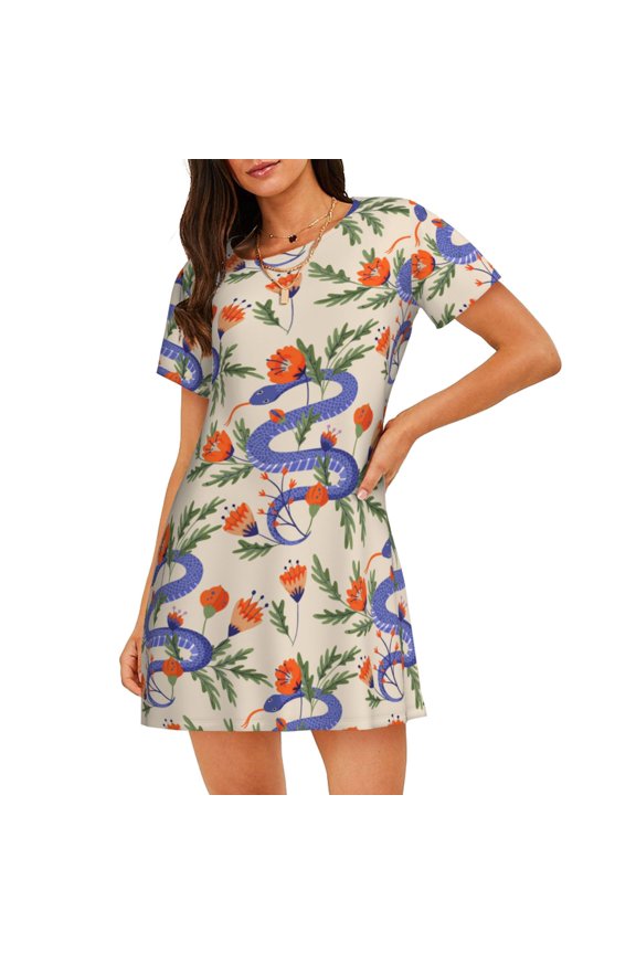 Snake Pattern Women's Short-sleeved Nightgown,Casual Sleep A-line Sleepwear Comfy Sleepshirt,Cute Breathable Nightdress Ruffle - XX-Large