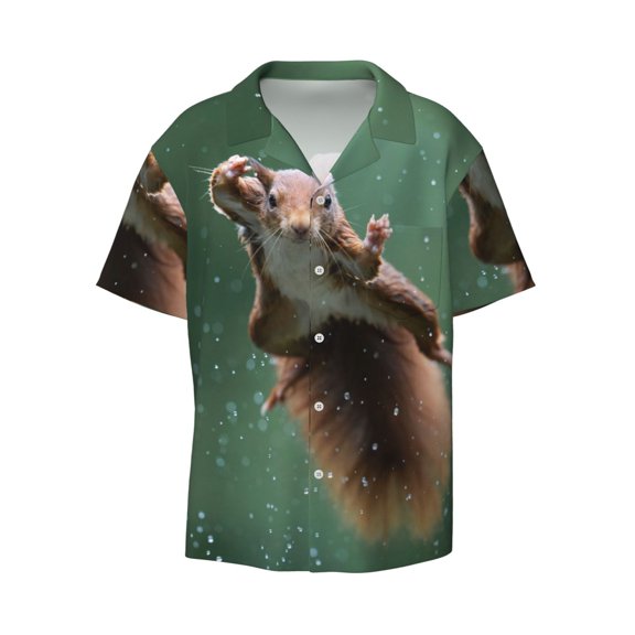 Kuqiui Squirrel Print Men's Button Down Shirts Short Sleeve Casual Shirts Hawaiian Shirts Vacation Wedding Shirts with Pocket-Large