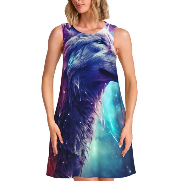 Kuqiui Starry Multicolored Wolf for Women's Sleeveless A-Line Dress with Pockets, Casual Knee Length Loose Tank Dress for Summer