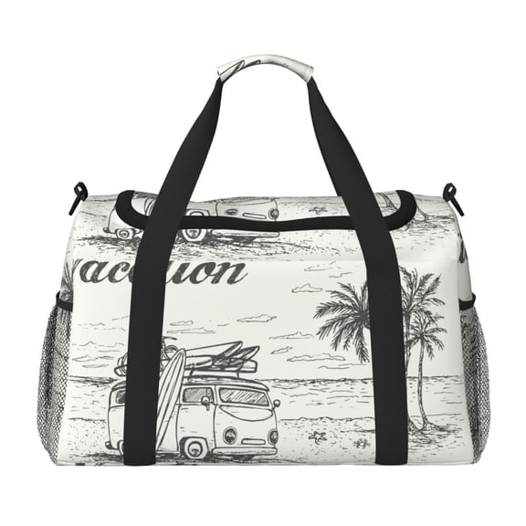 Kuqiui Summer Vacation Scene With Camping Van Print Foldable Travel Duffel Bag Tote Carry on Luggage Bag Personal item Sports Gym Bag Water Resistant Weekender Overnight Bags for Women and Men