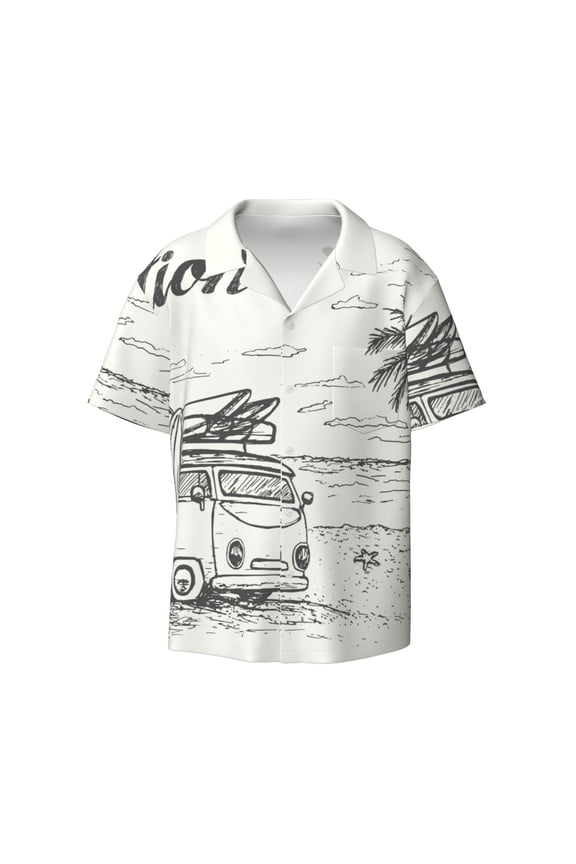 Summer Vacation Scene With Camping Van Print Men's Button Down Shirts Short Sleeve Casual Shirts Hawaiian Shirts Vacation Wedding Shirts with Pocket-Medium