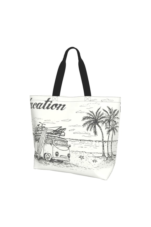 Summer Vacation Scene With Camping Van Print Tote Bag,Zipper Tote Bag for Women,Tote Bag Inner Pocket Pattern Lightweight Daily Bag Book Bag