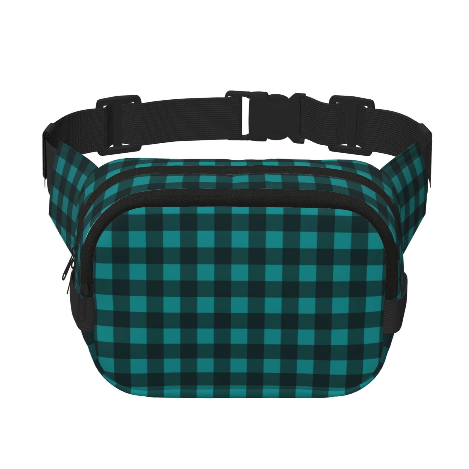 Kuqiui Teal On Black Plaid Print Fanny Packs for Women Cross Body Waist Bag Fashionable Fanny Pack Designer Workout Hiking Waist Pack Running Travel Gym