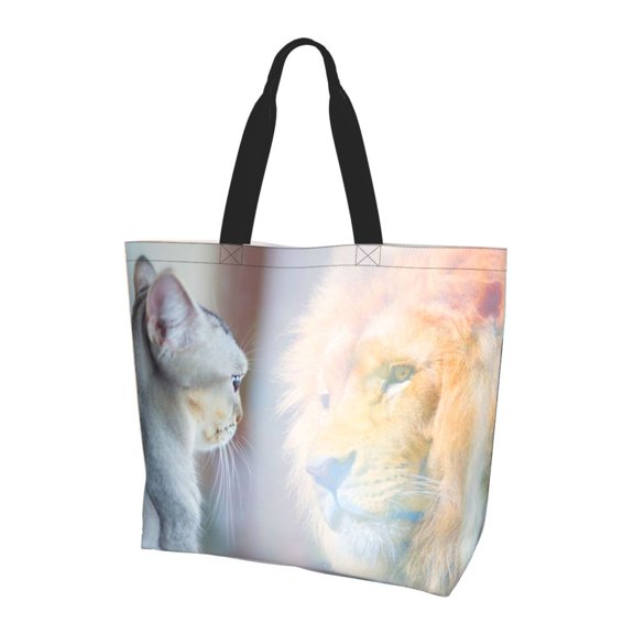Kuqiui The Cat Looks in the Mirror Print Tote Bag,Zipper Tote Bag for Women,Tote Bag Inner Pocket Pattern Lightweight Daily Bag Book Bag