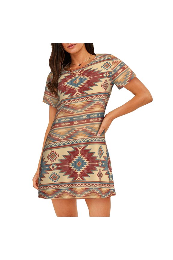 Traditional Tribal Aztec Pattern Women's Short-sleeved Nightgown,Casual Sleep A-line Sleepwear Comfy Sleepshirt,Cute Breathable Nightdress Ruffle - XX-Large