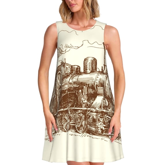 Kuqiui Train for Women's Sleeveless A-Line Dress with Pockets, Casual Knee Length Loose Tank Dress for Summer