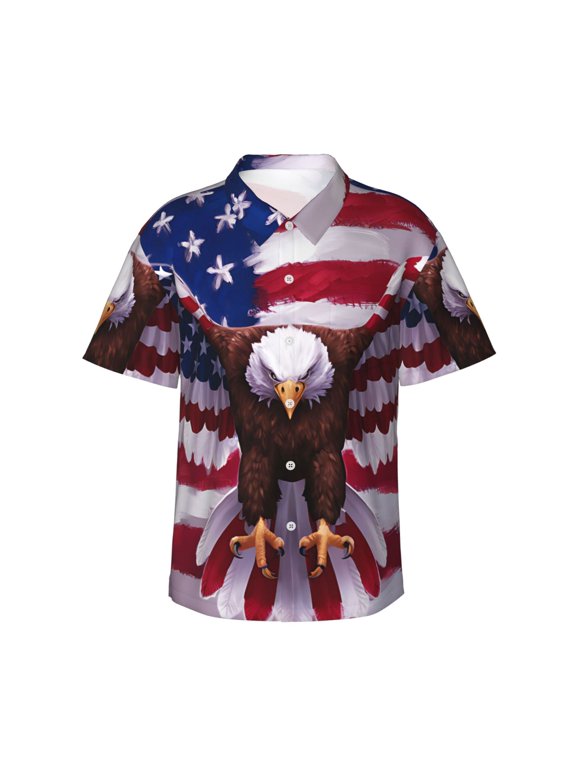USA Eagle with Spread Wings Pattern Men's Casual Button-Down Shirts Hawaiian Shirt Short Sleeve-X-Large