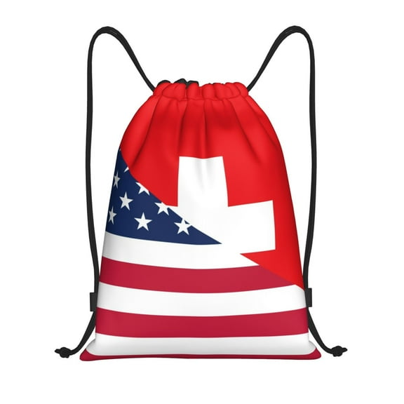 Kuqiui USA Switzerland Print Drawstring Backpack Drawstring Bags,Draw String Back Bag Drawstring Bags for Sports,Gym,Travel,Swimming,Beach