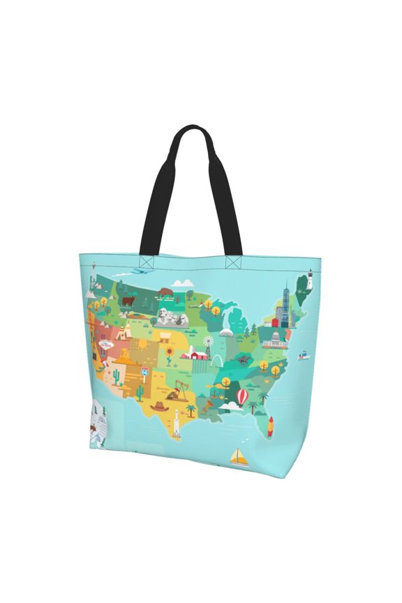 USA Tourist Map Print Tote Bag,Zipper Tote Bag for Women,Tote Bag Inner Pocket Pattern Lightweight Daily Bag Book Bag