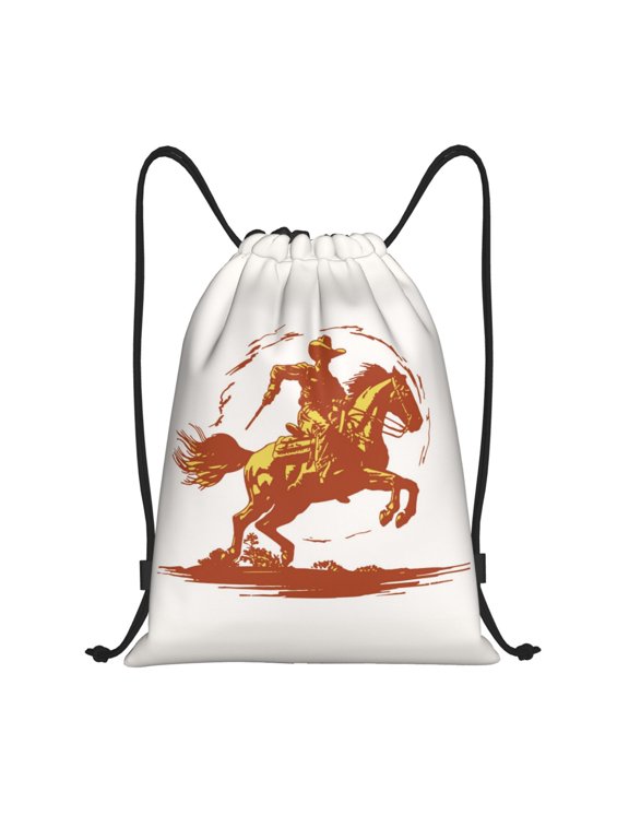 Vintage Cowboy On A Bronco Horse Print Drawstring Backpack Drawstring Bags,Draw String Back Bag Drawstring Bags for Sports,Gym,Travel,Swimming,Beach