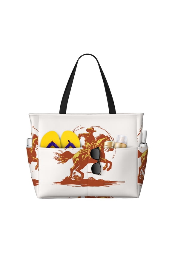 Vintage Cowboy On A Bronco Horse Print Beach Pool Bags Tote for Women Ladies Large Gym Tote Carry On Bag for Weekender Travel Waterproof
