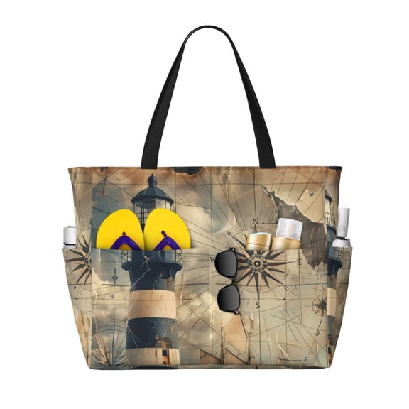 Kuqiui Vintage Nautical Lighthouse Print Beach Pool Bags Tote for Women Ladies Large Gym Tote Carry On Bag for Weekender Travel Waterproof