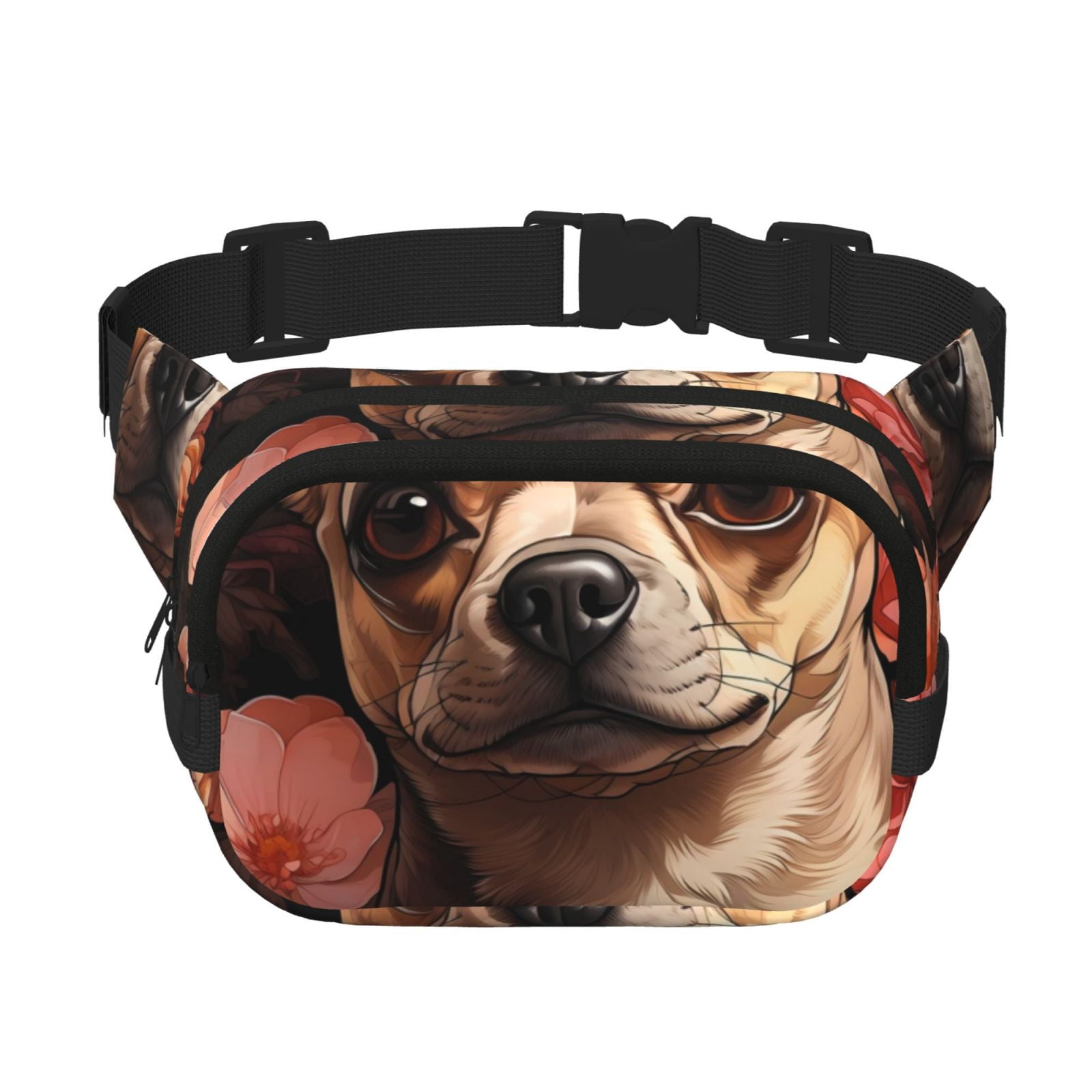 Kuqiui Vintage Red Flower Chihuahua Print Fanny Packs for Women Cross Body Waist Bag Fashionable Fanny Pack Designer Workout Hiking Waist Pack Running Travel Gym