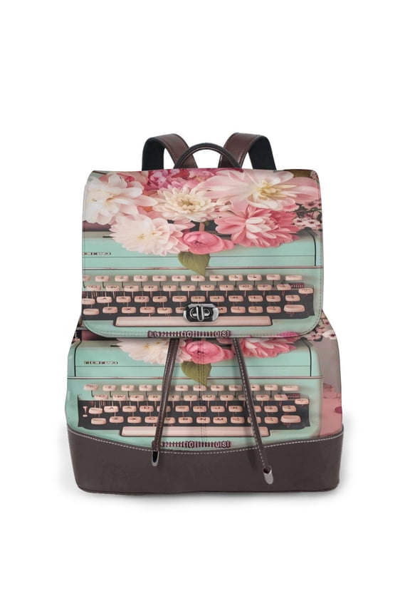 Vintage Typewriter Floral Print Leather Backpack Purse For Women Fashion Ladies Vintage Bags Casual College Travel Backpacks bag