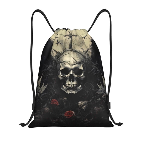 Kuqiui Vintage Winged Rose Skull Print Drawstring Backpack Drawstring Bags,Draw String Back Bag Drawstring Bags for Sports,Gym,Travel,Swimming,Beach
