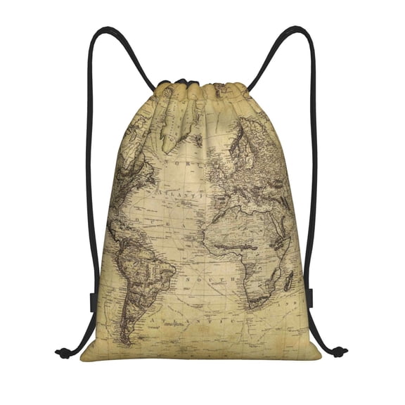 Kuqiui Vintage World Map Print Drawstring Backpack Drawstring Bags,Draw String Back Bag Drawstring Bags for Sports,Gym,Travel,Swimming,Beach