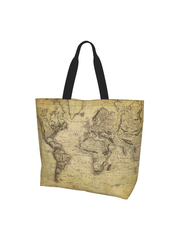 Vintage World Map Print Tote Bag,Zipper Tote Bag for Women,Tote Bag Inner Pocket Pattern Lightweight Daily Bag Book Bag