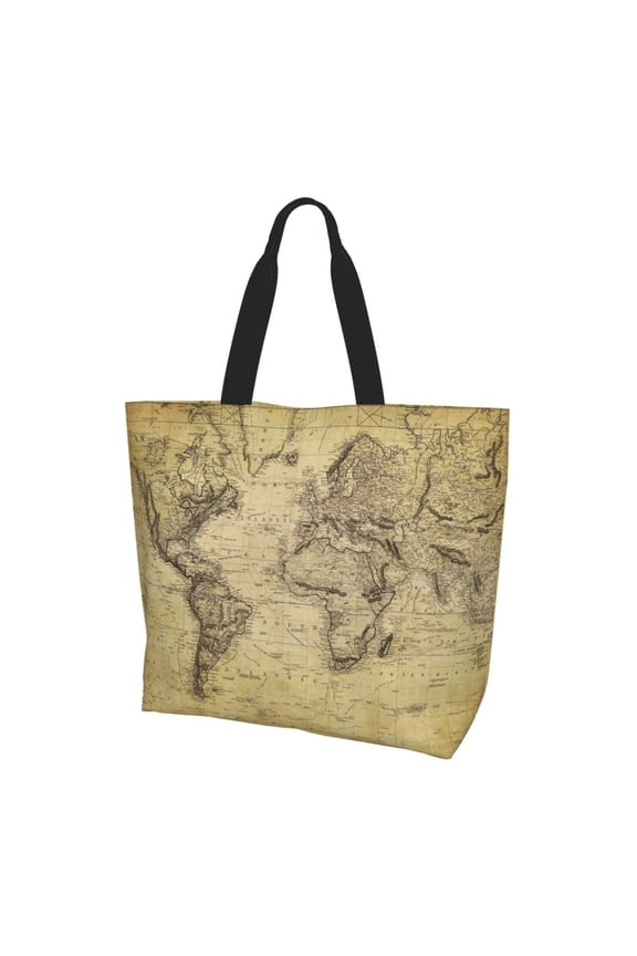 Vintage World Map Print Tote Bag,Zipper Tote Bag for Women,Tote Bag Inner Pocket Pattern Lightweight Daily Bag Book Bag
