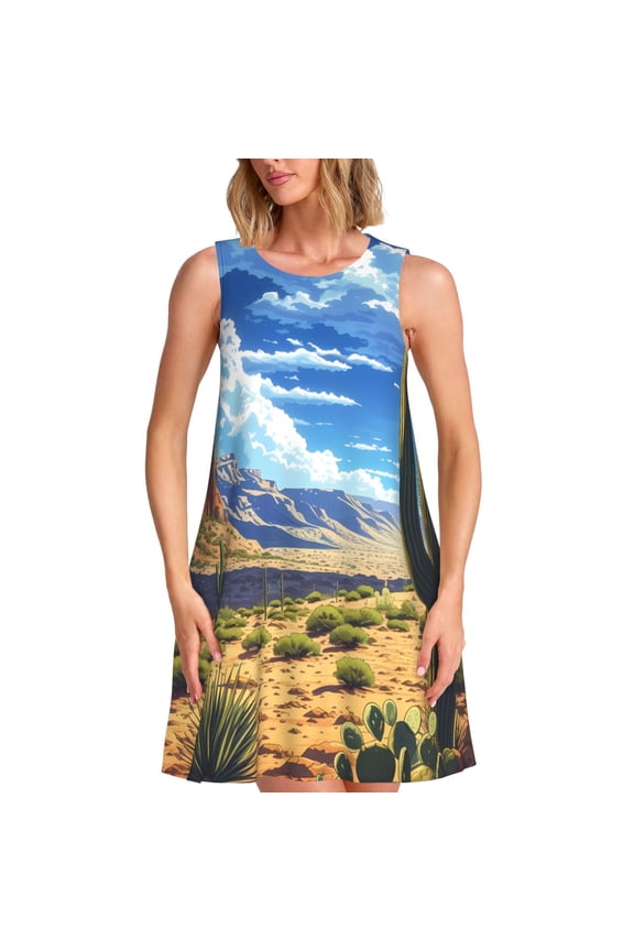 Western Desert Cactus for Women's Sleeveless A-Line Dress with Pockets, Casual Knee Length Loose Tank Dress for Summer