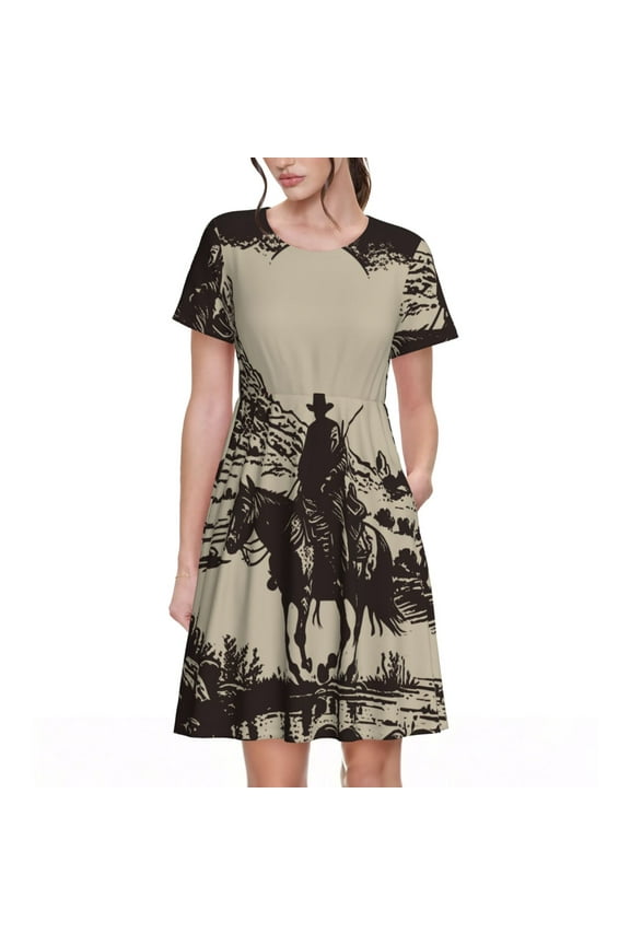 Western Desert Cowboy Print Women's Short Sleeve A-Line Dress with Pockets, Casual Crew Neck Knee-Length Dress for Daily Wear