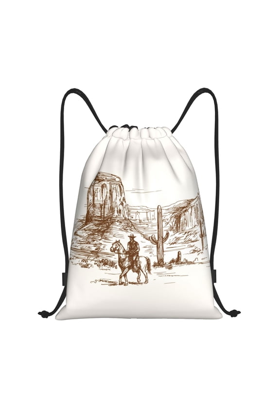 Western Desert Cowboys Print Drawstring Backpack Drawstring Bags,Draw String Back Bag Drawstring Bags for Sports,Gym,Travel,Swimming,Beach