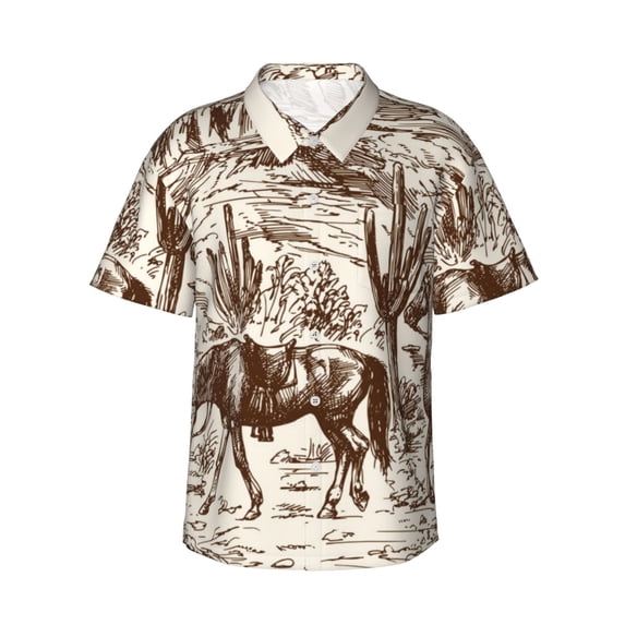 Kuqiui Western Desert Cowboys2 Pattern Men's Casual Button-Down Shirts Hawaiian Shirt Short Sleeve-Small