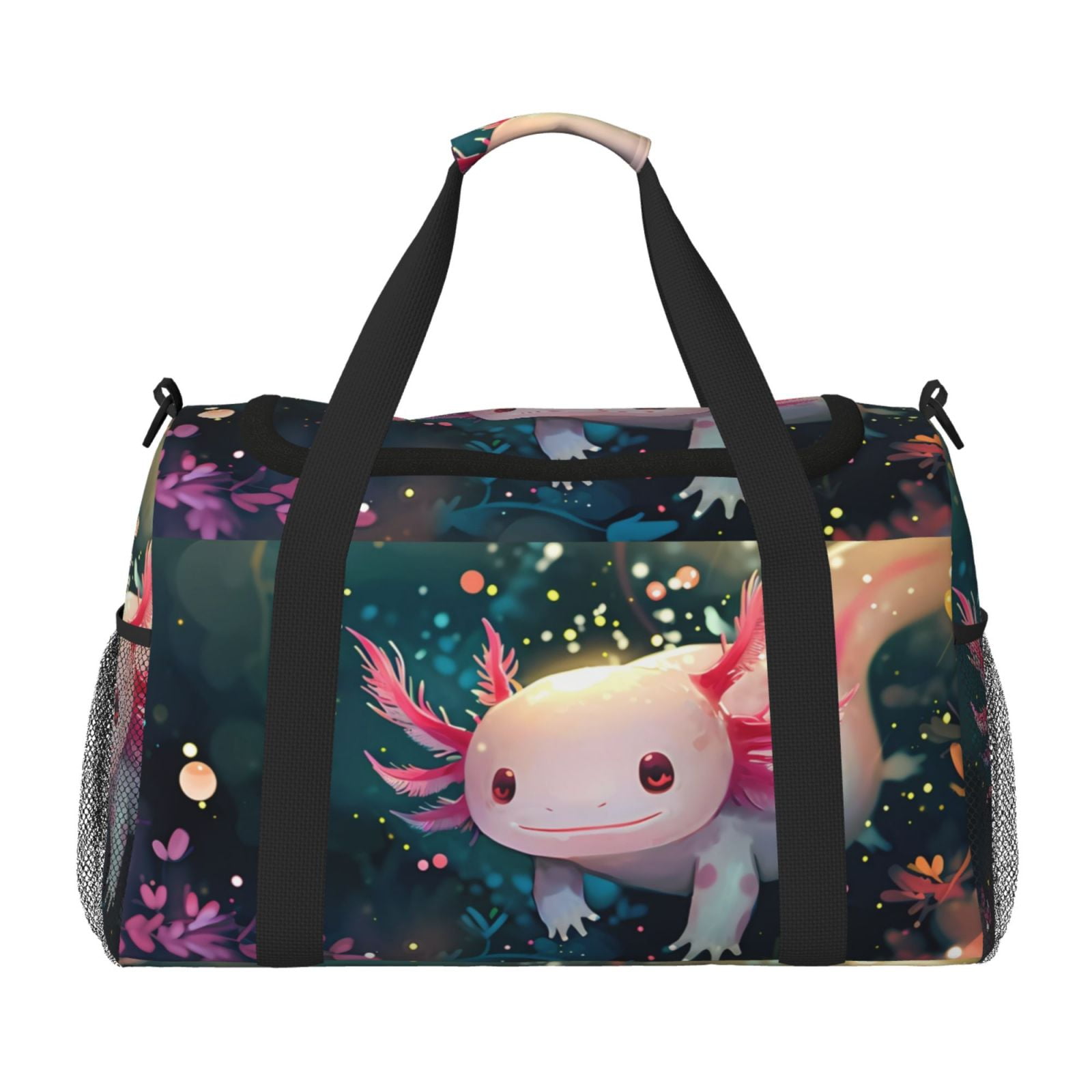 Kuqiui Whimsical Axolotl Fantasy Print Foldable Travel Duffel Bag Tote Carry on Luggage Bag Personal item Sports Gym Bag Water Resistant Weekender Overnight Bags for Women and Men