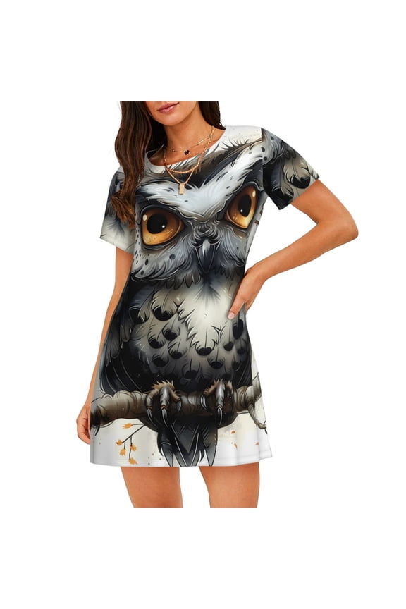 Whimsical Owl On Branch Pattern Women's Short-sleeved Nightgown,Casual Sleep A-line Sleepwear Comfy Sleepshirt,Cute Breathable Nightdress Ruffle - 3X-Large