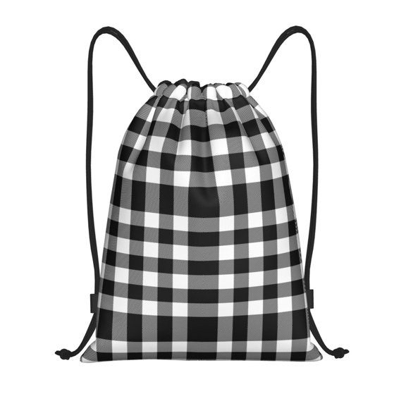Kuqiui White And Black Plaid Print Drawstring Backpack Drawstring Bags,Draw String Back Bag Drawstring Bags for Sports,Gym,Travel,Swimming,Beach