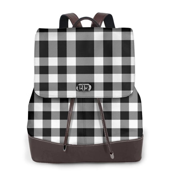 Kuqiui White And Black Plaid Print Leather Backpack Purse For Women Fashion Ladies Vintage Bags Casual College Travel Backpacks bag