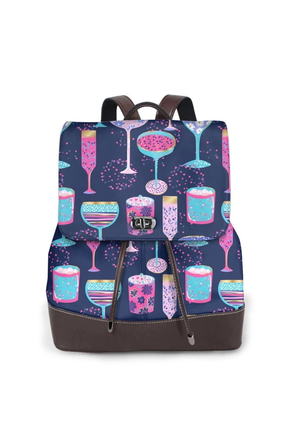 Wine Glasses And Cocktails Print Leather Backpack Purse For Women Fashion Ladies Vintage Bags Casual College Travel Backpacks bag